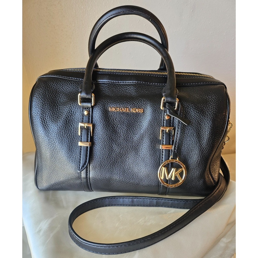 Michael Kors Medium Bedford Black/Gold Pebbled Leather Duffle Satchel Crossbody